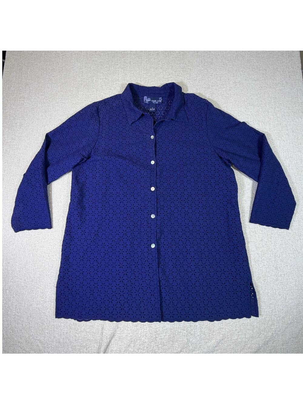 Susan Graver Women 1X Blue Eyelet Long Sleeve Open Front Layering Jacket Plus